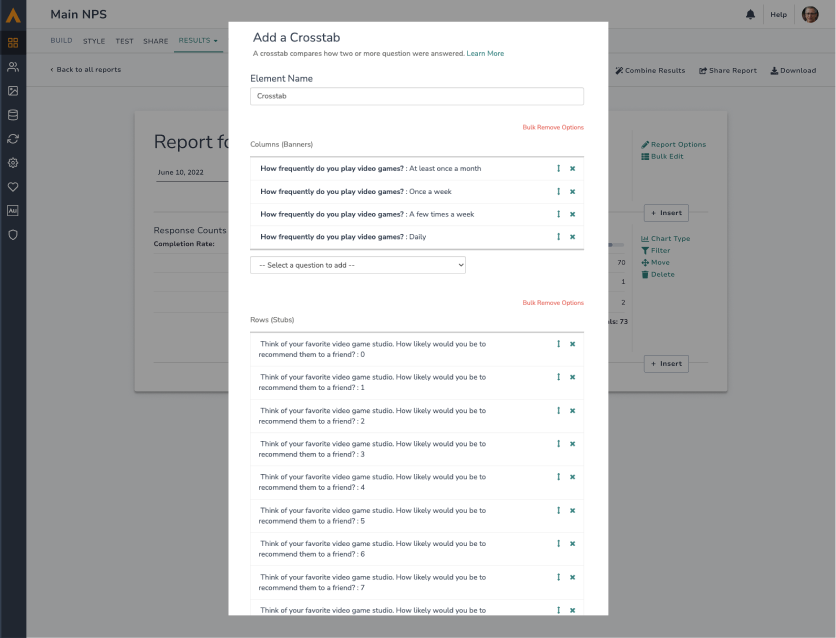 The old Add a Crosstab form — questions added one at a time from a select dropdown