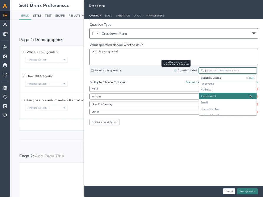 Survey builder question editor with the Question Label field and suggestion dropdown